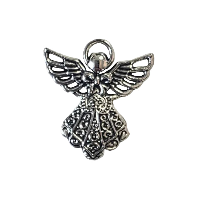 Silver angel charm on a light gray background