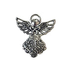 Silver angel charm on a light gray background