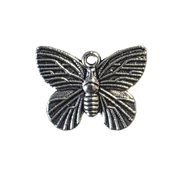 Silver butterfly-shaped charm on a light gray background