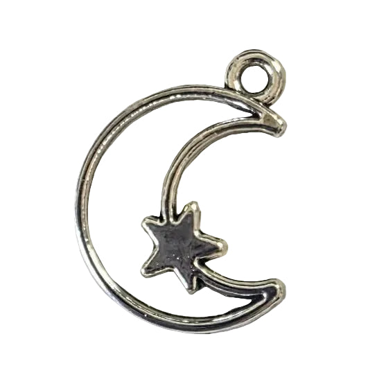 Silver moon and star pendant on a light gray background