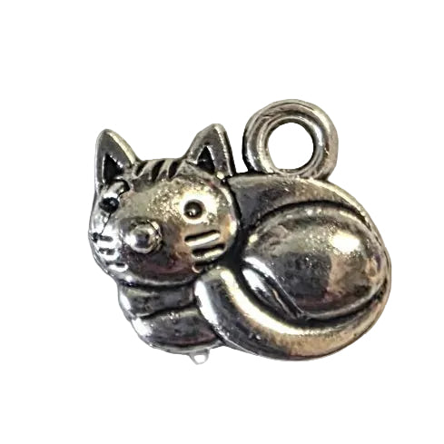 Silver cat-shaped charm on a gray background