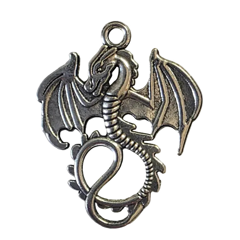 Silver dragon pendant on a light gray background