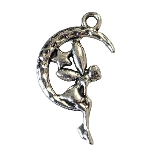 Silver fairy sitting on a crescent moon  on a gray background