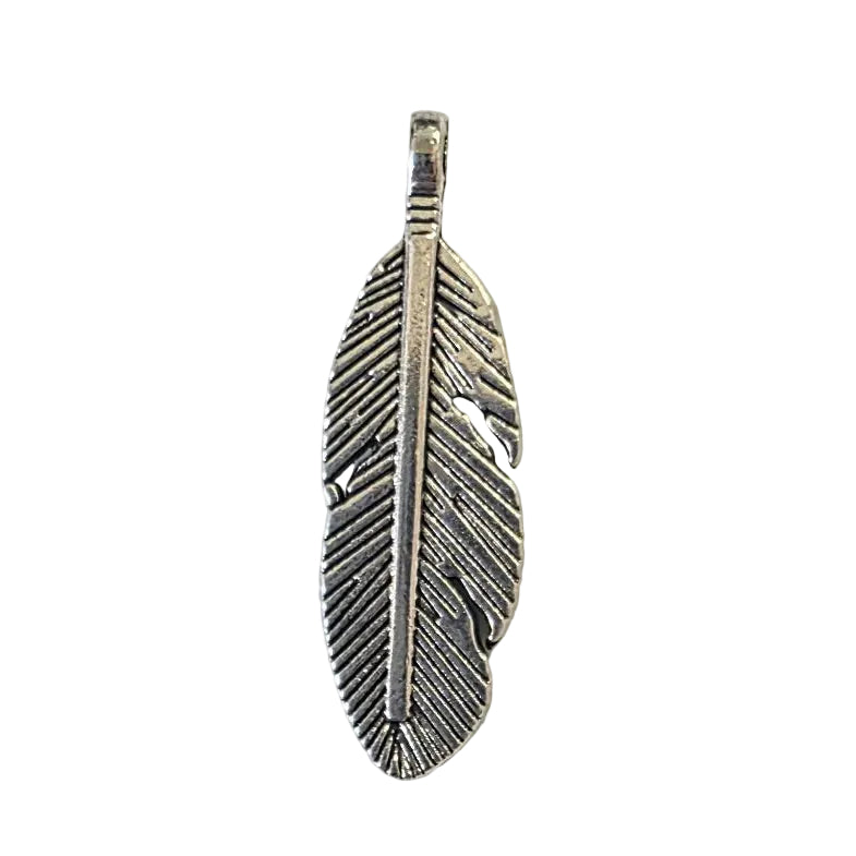 Feather-shaped pendant on a light gray background