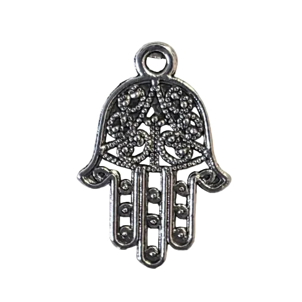 Silver Hamsa hand (represents the chakra, energy flow in the body) pendant on a light gray background