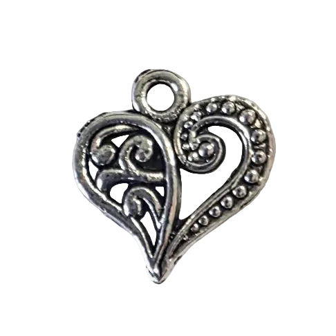 Silver heart-shaped charm on a light gray background