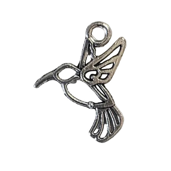Silver bird-shaped charm on a light gray background