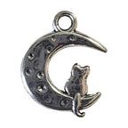 Silver moon and cat charm on a light gray background