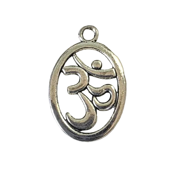Silver Om pendant with a symbol on a light gray background