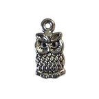 Small silver owl charm on a light gray background