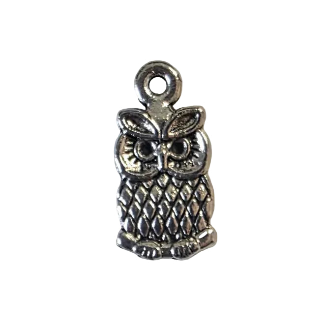 Small silver owl charm on a light gray background