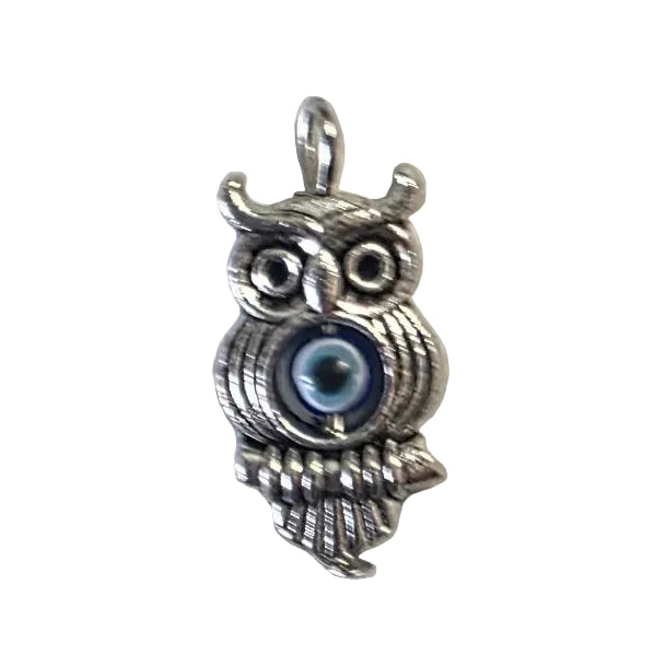 Silver owl with third eye shaped charm on a light gray background