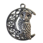 Silver owl sitting on a crescent moon pendant on a white background