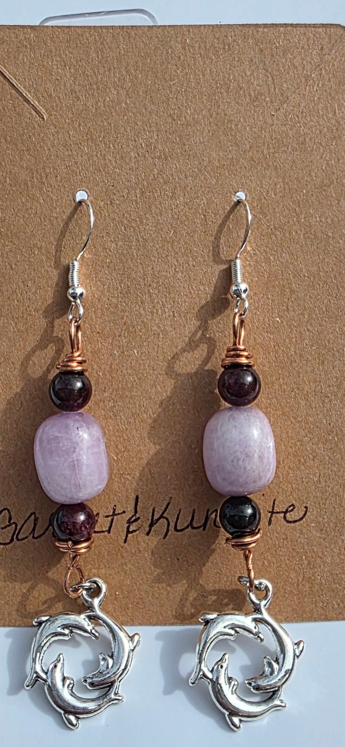 Silver Dolphin charm earrings with Garnet (Strength & Power) and Kunzite (Inner Peace) gemstones