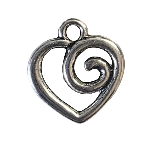 Silver spiral heart shaped pendant on a light gray background