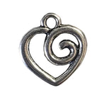 Silver spiral heart shaped pendant on a light gray background