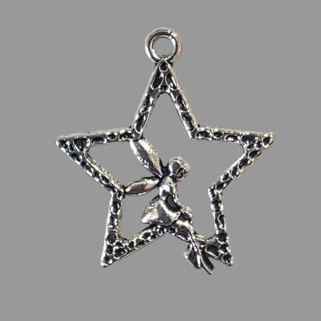 Silver star-shaped with fairy pendant on a light gray background