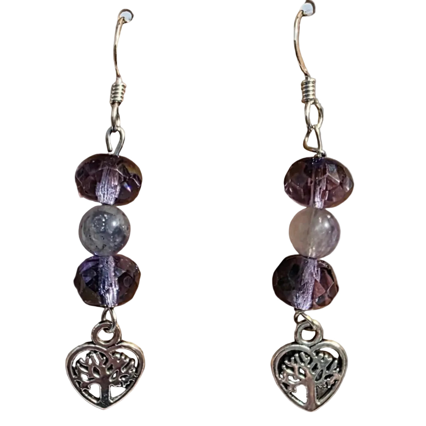 Silver Tree of Life Heart Charm earrings with Amethyst and Clear Quartz gemstones