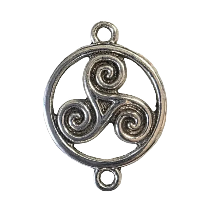 Silver triskele (representing mind, body, spirit) pendant on a gray background