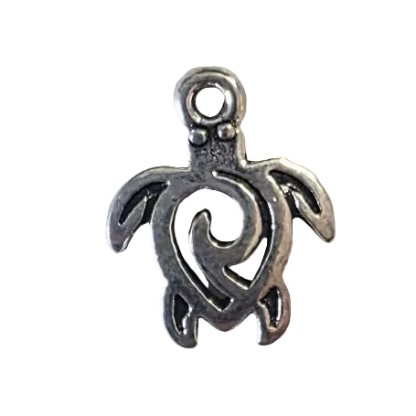 Silver turtle charm on a light gray background